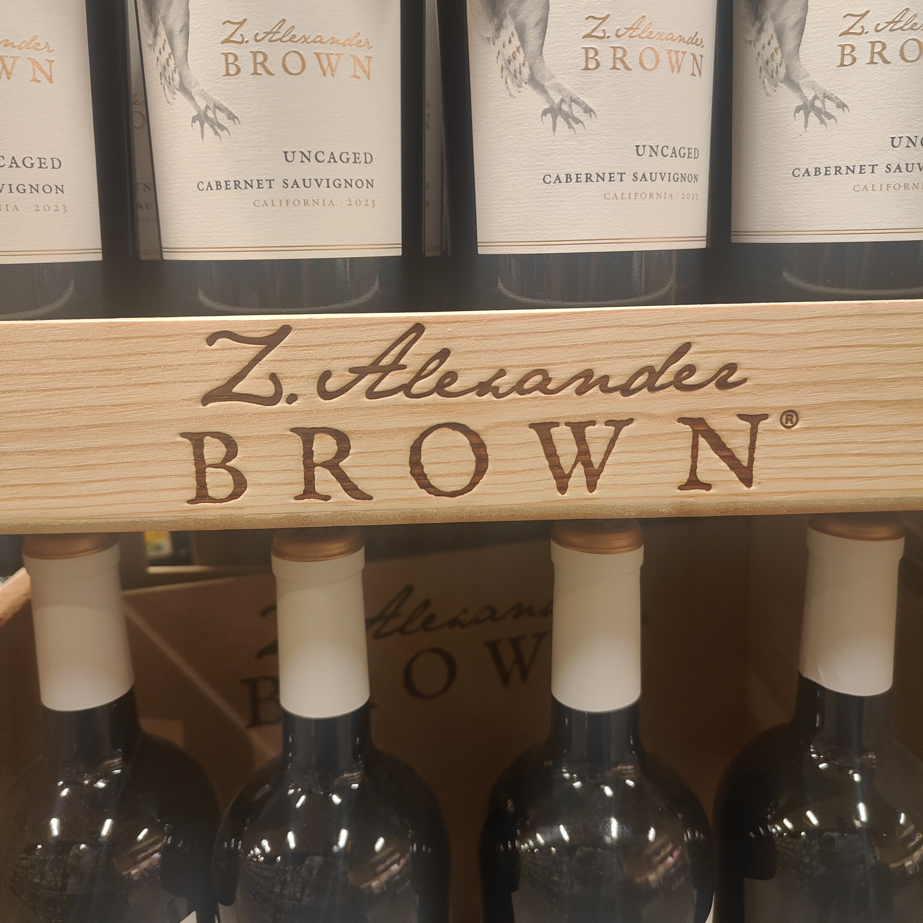 Z. Alexander Brown wine bottles on a wooden display box